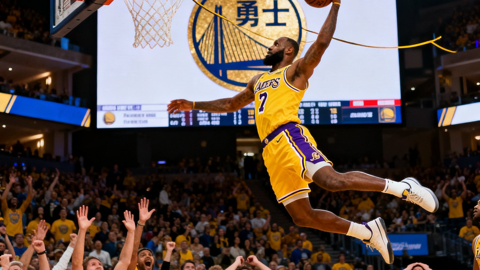 NBA常规赛中湖人队球员在勇士主场完成一记关键扣篮的瞬间，现场观众有的欢呼有的抱头，背景是金色队标的勇士主场大屏幕