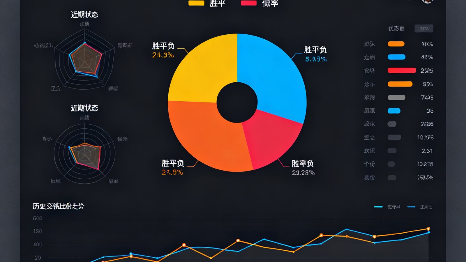 数据预测仪表盘界面，中央是胜平负概率分布饼图，左侧列出两队近期状态对比雷达图，底部是历史交锋比分走势折线图，整体采用深色数据可视化风格